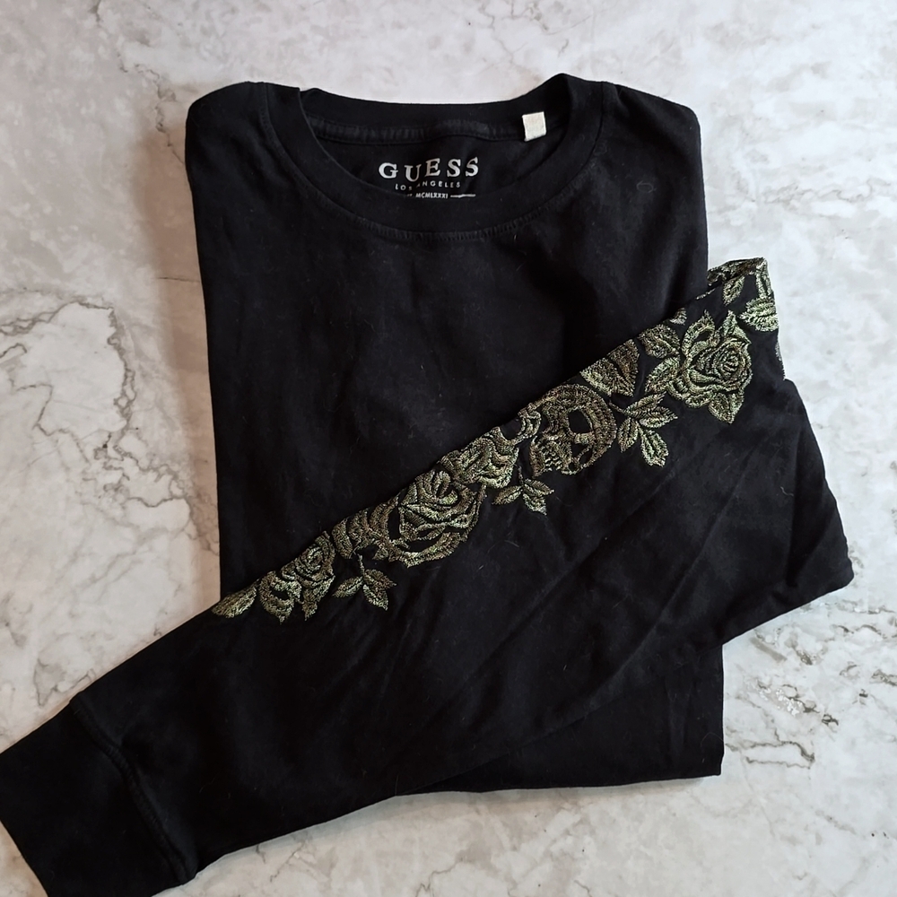 Guess Men's XS long sleeve black tee with gold embroidered sleeves